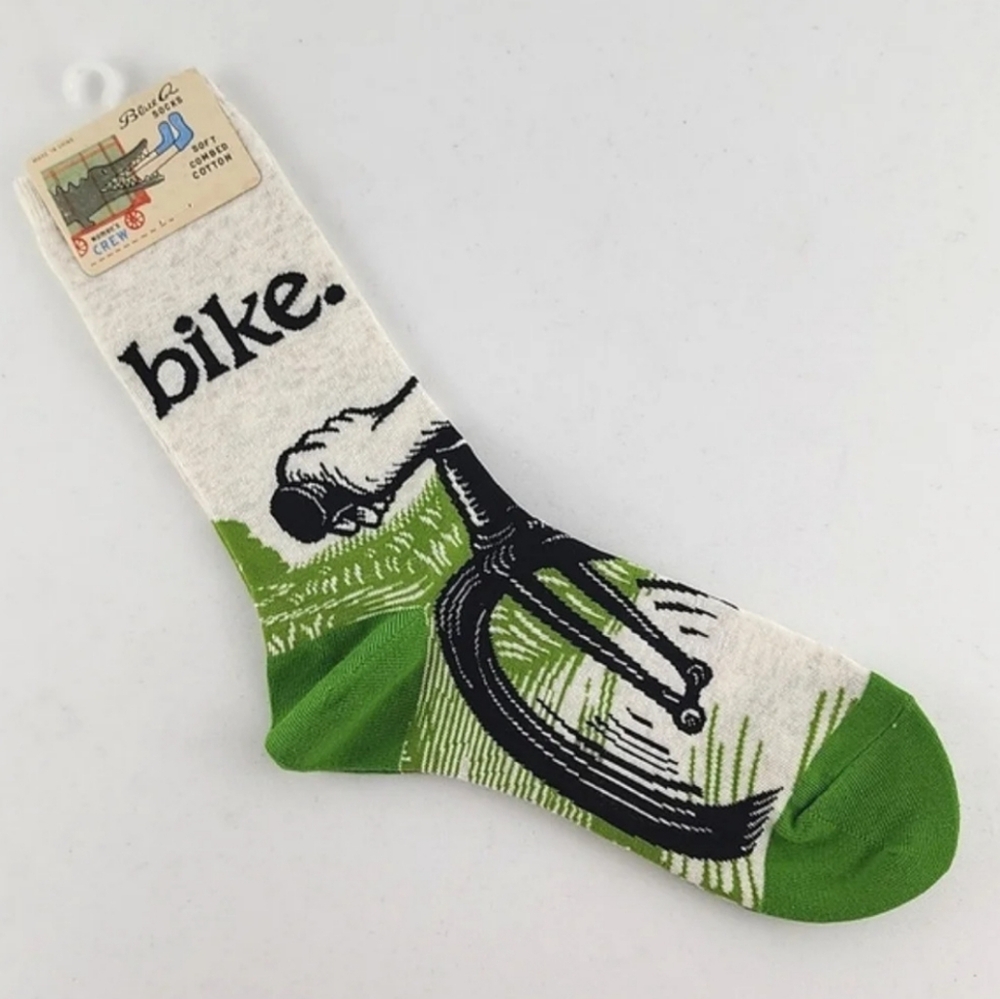Blue Q Women's Crew Socks Bike. Print Green Cream Combed Cotton Stretch Sz 5-10
